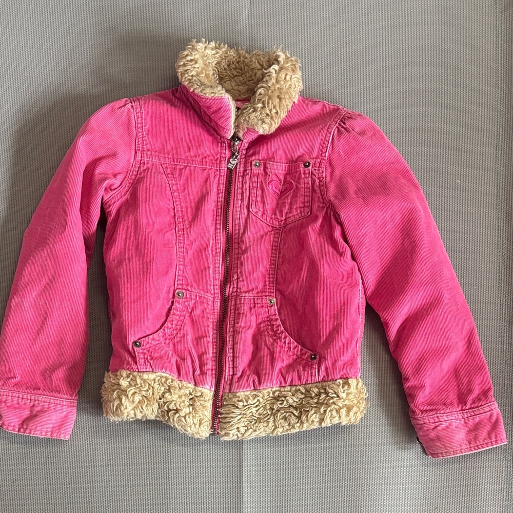 Roxy girls sz xl Pink corduroy Jacket with Tan faux fur details